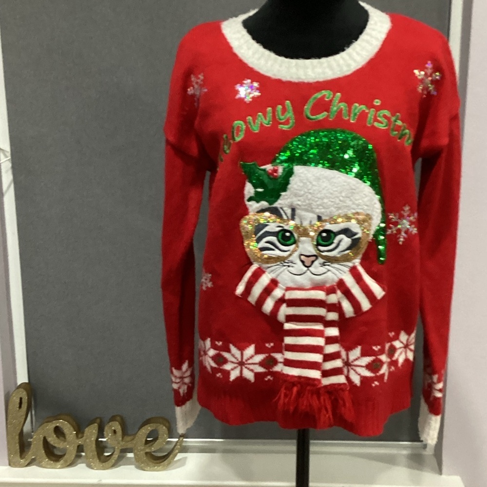Francesca's Collections Red Festive Cat Sweater